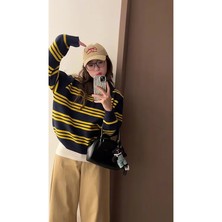 秋季条纹POLO领毛衣长袖上衣休闲学院风针织衫卡其色休闲阔腿裤子