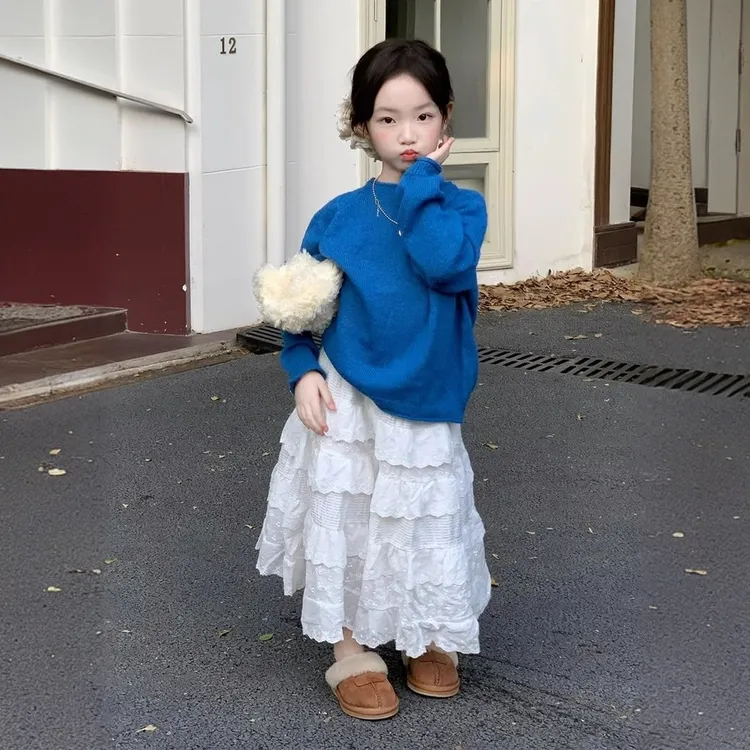 女童秋装套装2025韩系克莱因蓝针织衫花边半身长裙宝宝外出服秋冬