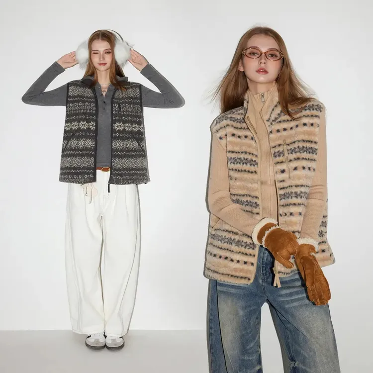 美式复古费尔岛花纹绒马甲女秋冬百搭外穿慵懒休闲立领叠穿背心