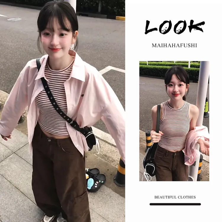 夏季一整套女装2025新款韩版减龄洋气长袖衬衫条纹背心阔腿裤套装