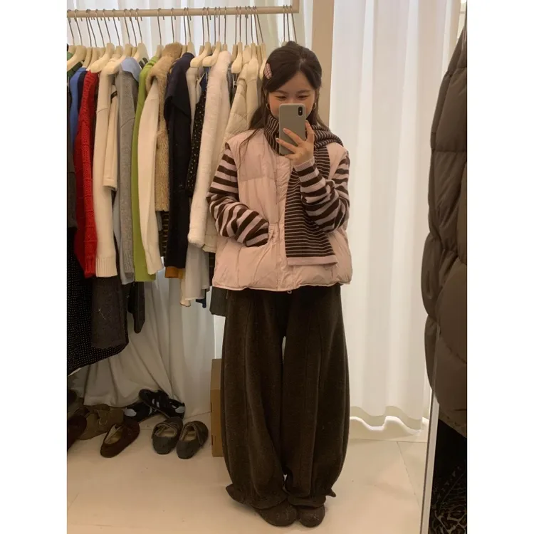 MARIE.COCO森系慵懒风条纹毛衣搭宽松棉服马甲设计感宽松裤套装