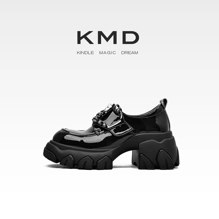 KMD 英伦风厚底小皮鞋女2025秋季新款漆皮粗跟单鞋女小个子增高鞋