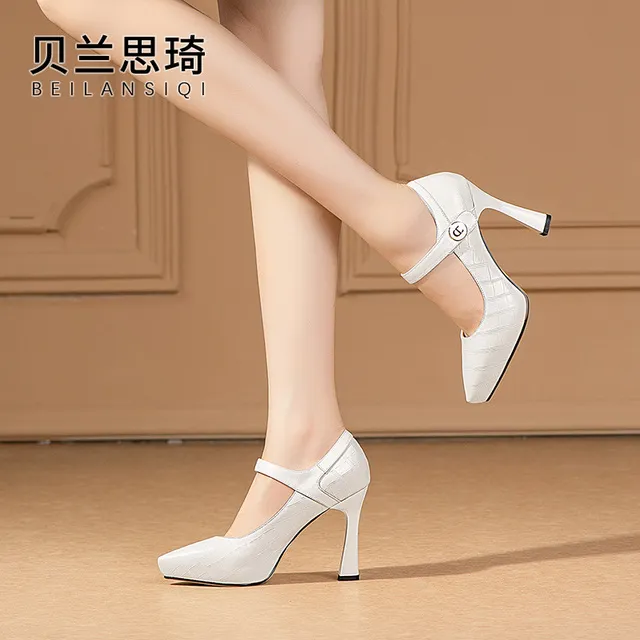 真皮一字带防水台高跟鞋女33小码2025春秋季新款浅口尖头细跟单鞋