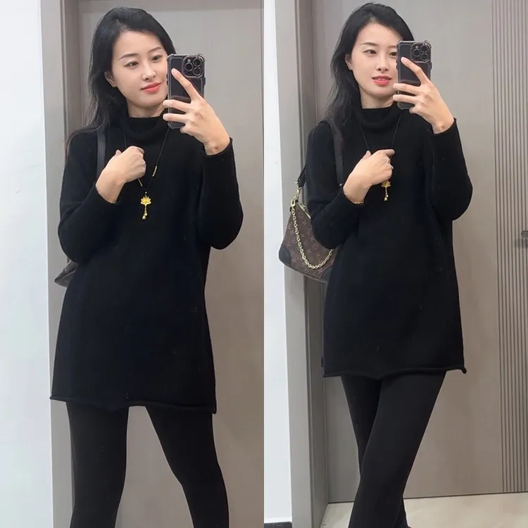 【极简风大版慵懒范】堆堆领加厚重磅宽松中长款羊绒衫短裙纯山羊绒