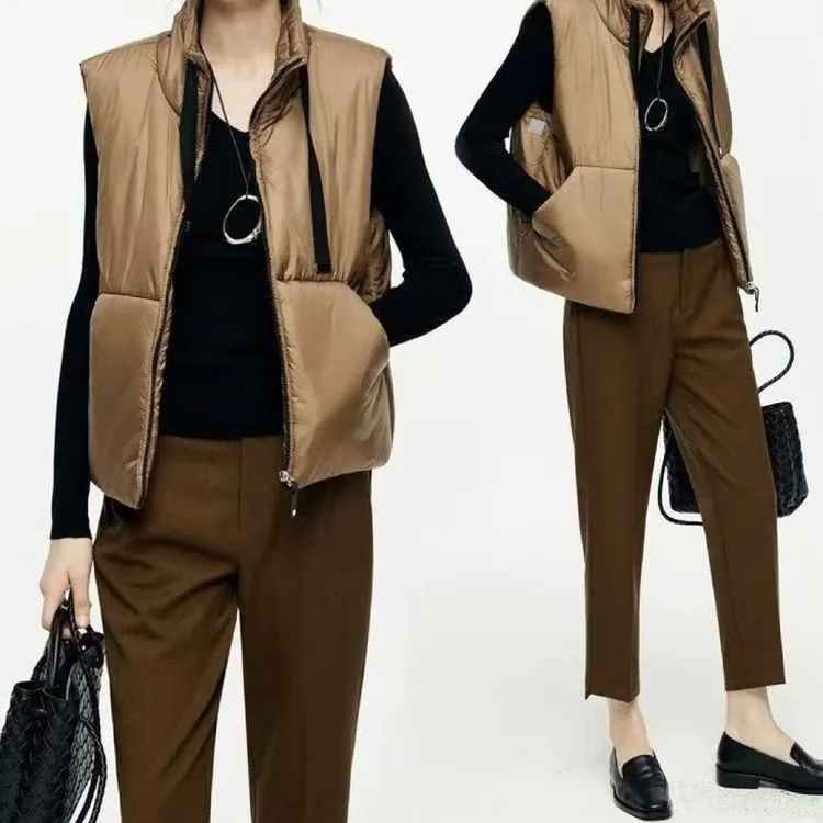 拉链网红立领休闲常规女士短款直筒型运动风羽絨背心马甲