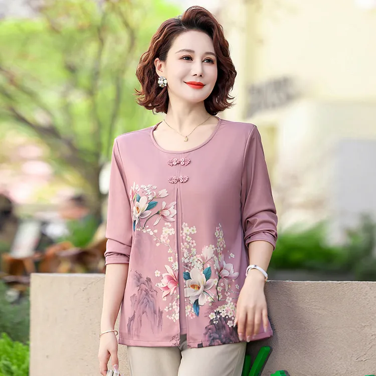 中式国风针织衫中老年女装春秋装长袖小衫妈妈装显瘦假两件打底衫