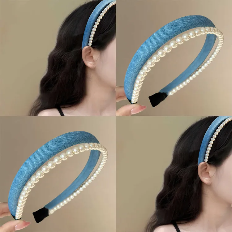 韩版复古牛仔蓝色系发箍珠珠配饰精致头箍发卡布艺高颅顶新款发饰