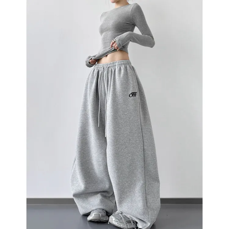 米白色运动裤女2025秋季新款高腰宽松显瘦休闲运动卫裤直筒阔腿