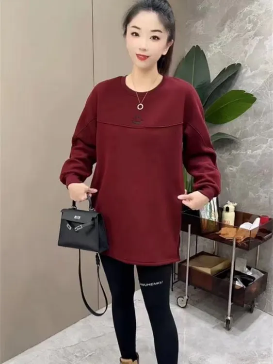 [加绒】加厚时尚中长款卫衣女装纯色宽松上衣洋气长袖圆领休闲百搭