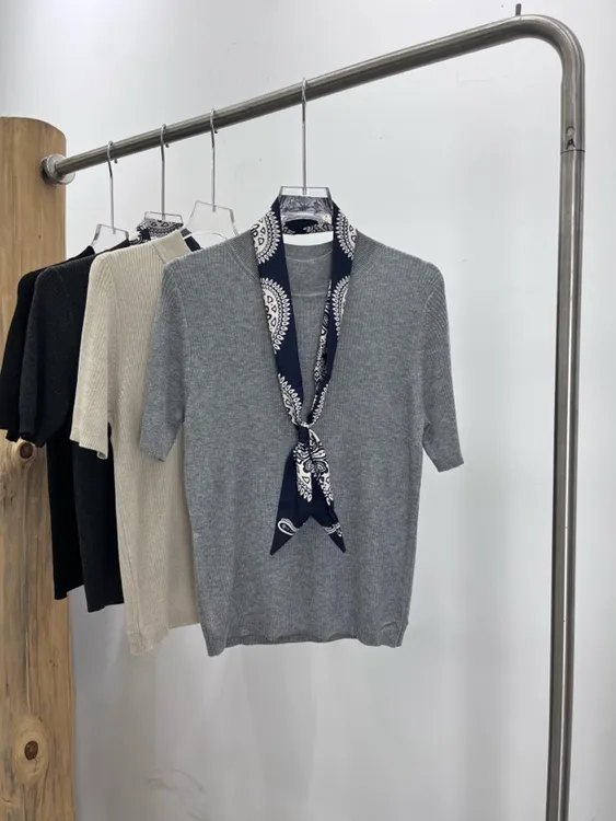 2025初秋短袖修身型修身短款毛针织衫女装千金风（赠丝巾随机款）