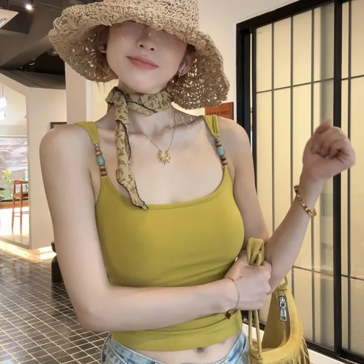 【8006】自带2CM胸垫复古美式串珠吊带INS风