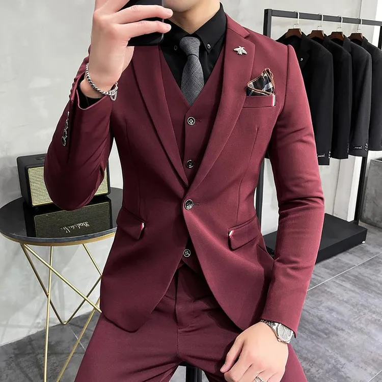 西服套装男士休闲商务职业正装酒红色西装外套修身伴郎结婚礼服男