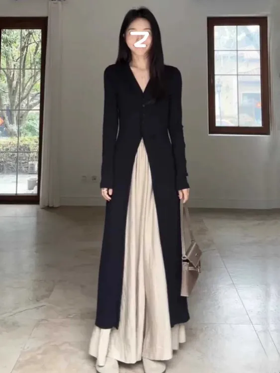 高级感V领长款开衫裤裙春季新款时尚大气显瘦穿搭