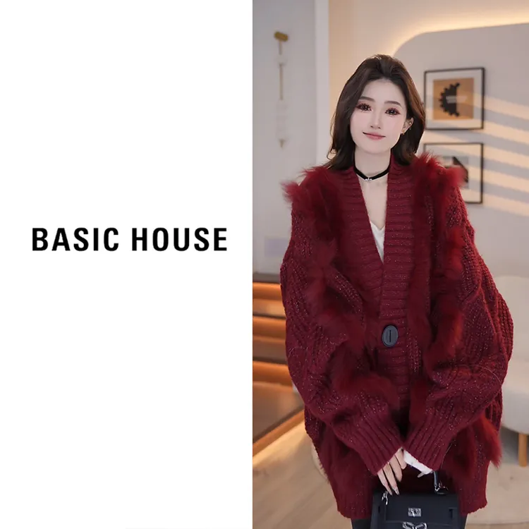 Basic House/百家好2025新款开衫毛衣外套B1295B5S422（衣长76）