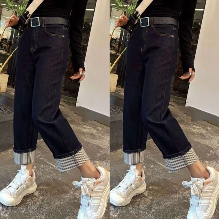 秋季新款翻边设计感丹宁蓝直筒牛仔裤女撞色送腰带（裤长约95厘米
