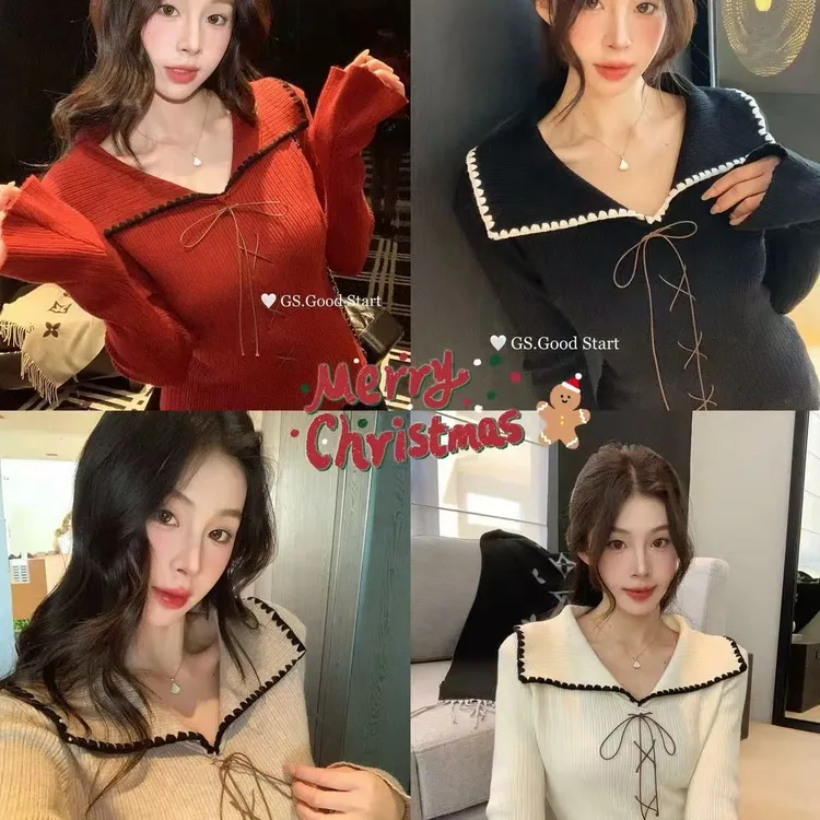 “节日氛围毛衣”韩系翻领撞色纯欲蝴蝶结绑带毛衣-666
