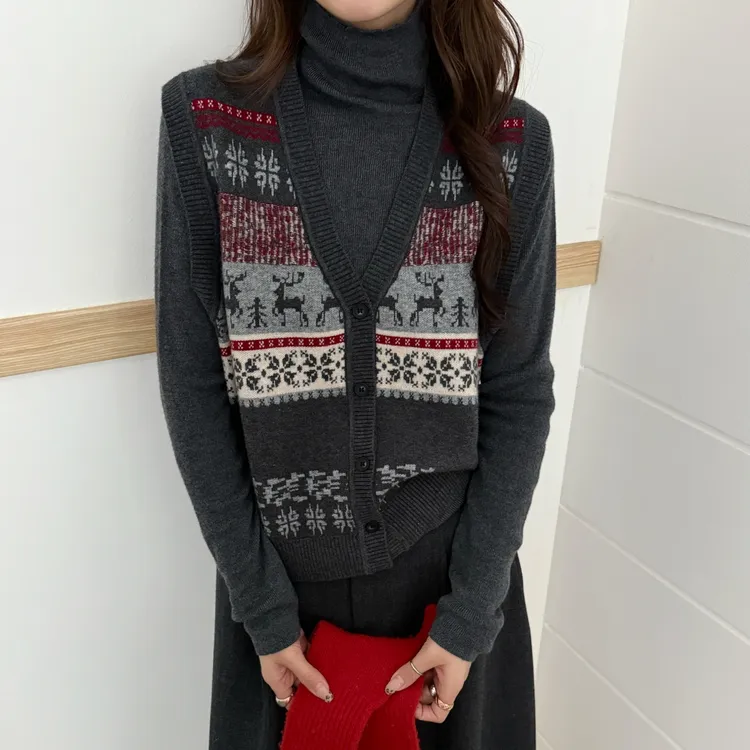 本店实拍&两件套细羊毛费尔岛风细羊毛马甲背心半高领打底衫女装