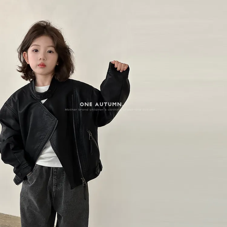 2025秋季新款女童皮衣夹克韩版立领拉链儿童中大童潮酷黑色外套