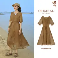 娜三月【高端线】简约优雅气质飘逸显瘦波浪边夏季款连衣裙68380棕