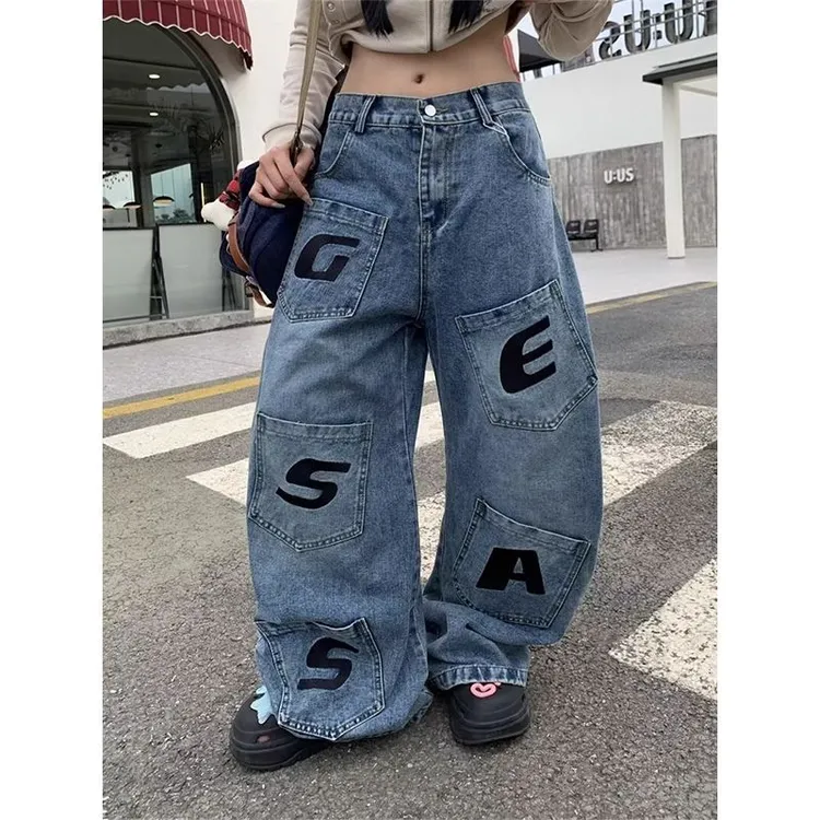 美式复古字母刺绣多口袋牛仔裤男女秋季新款宽松阔腿弯刀拖地长裤