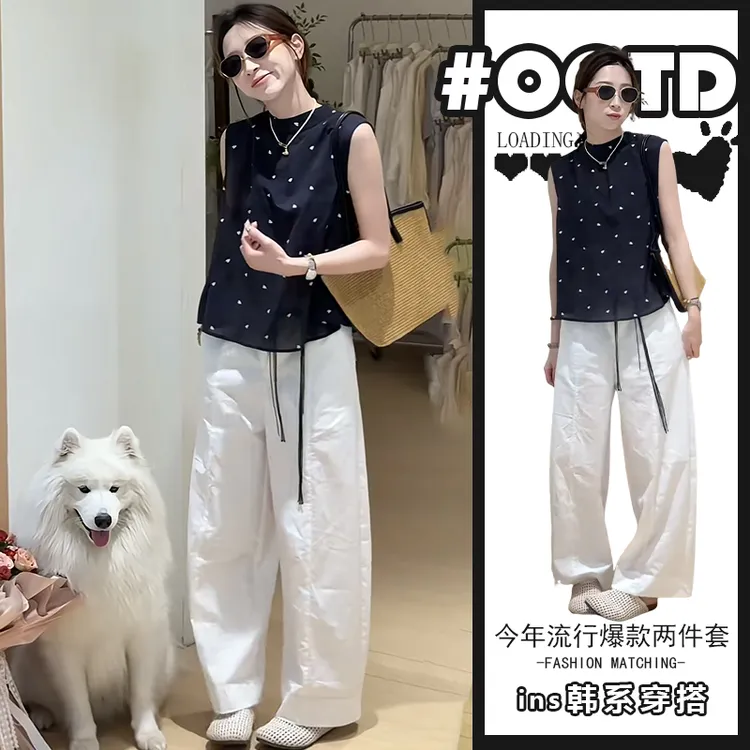 2025夏季爆款两件套女韩系波点无袖T恤休闲阔腿裤巨好看的两件套
