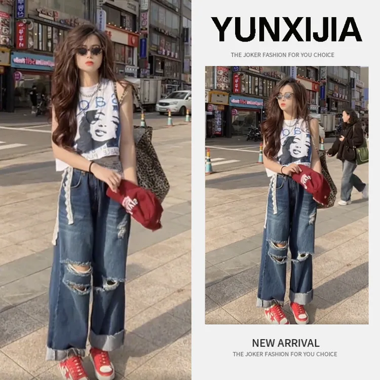 【现货】2025夏季新款辣妹炸街设计感上衣直筒休闲垂感长裤两件套