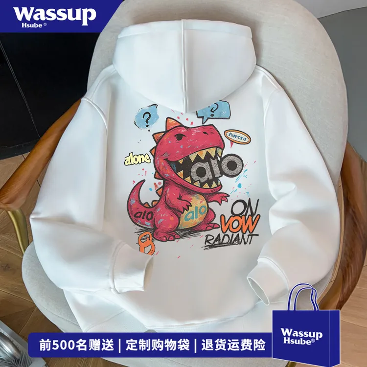 WASSUP HSUBE秋冬季高级感拉链外套卡通恐龙印花连帽开衫卫衣男女