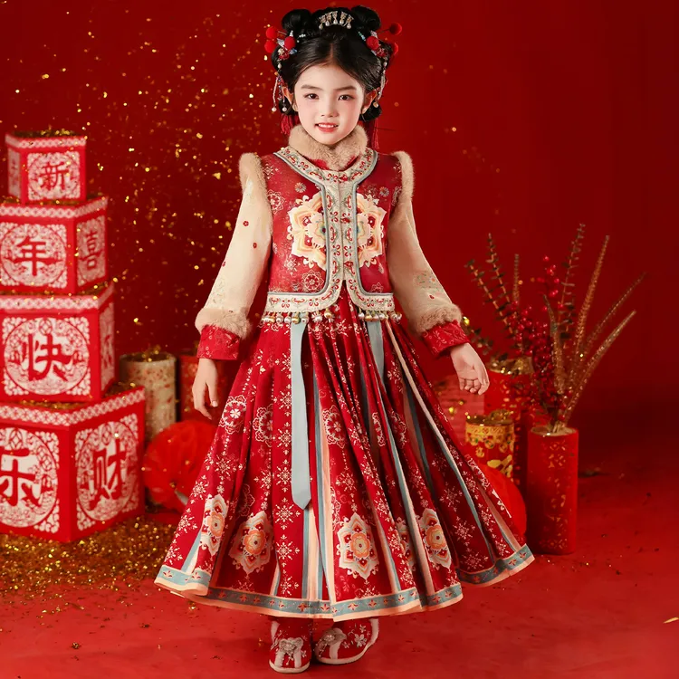 汉服女童套装冬季2025新款中国风女孩加绒加厚拜年服唐装公主裙子