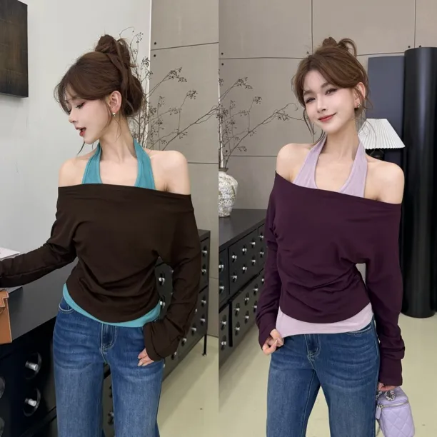 【层次巧构】撞色假两件修身显瘦辣妹上衣