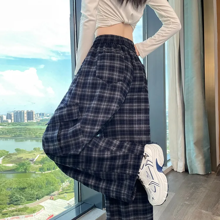 美式复古格子束脚工装裤女秋季高腰阔腿裤直筒运动休闲裤秋冬显瘦