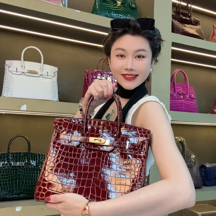 【尺寸：30*14*25】SISI原创设计高定真皮女包BK-30cm 咖啡进口鳄