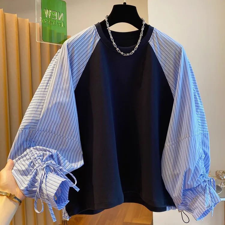 慵懒风条纹拼接宽松春秋季新款T恤女韩版个性小众复古长袖潮上衣