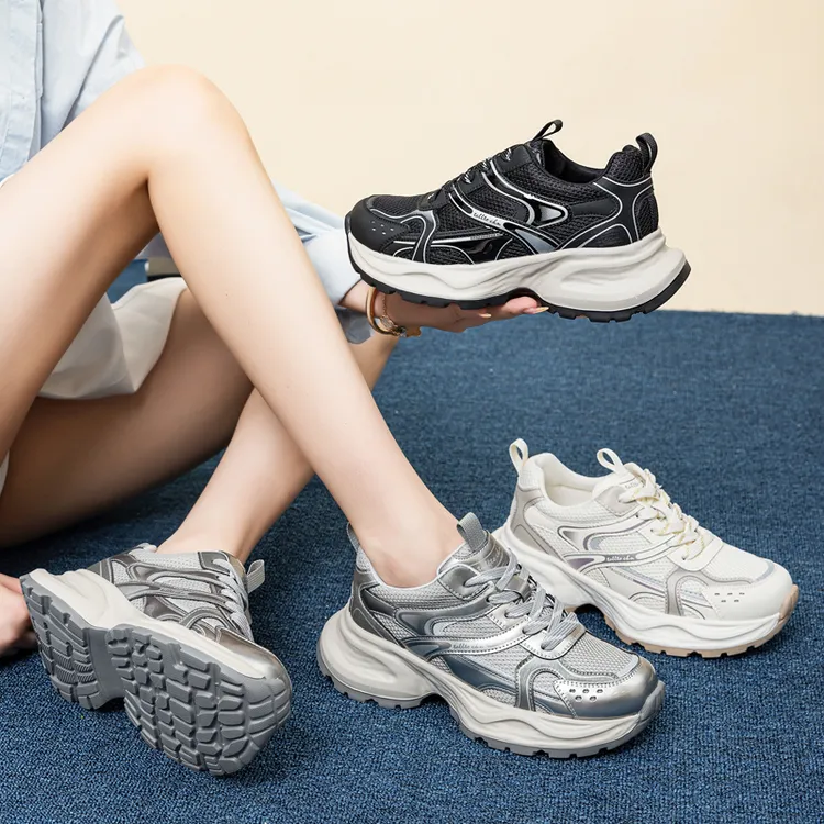 真皮黑色老爹鞋女2025秋新款透气厚底休闲运动鞋女41--43大码女鞋