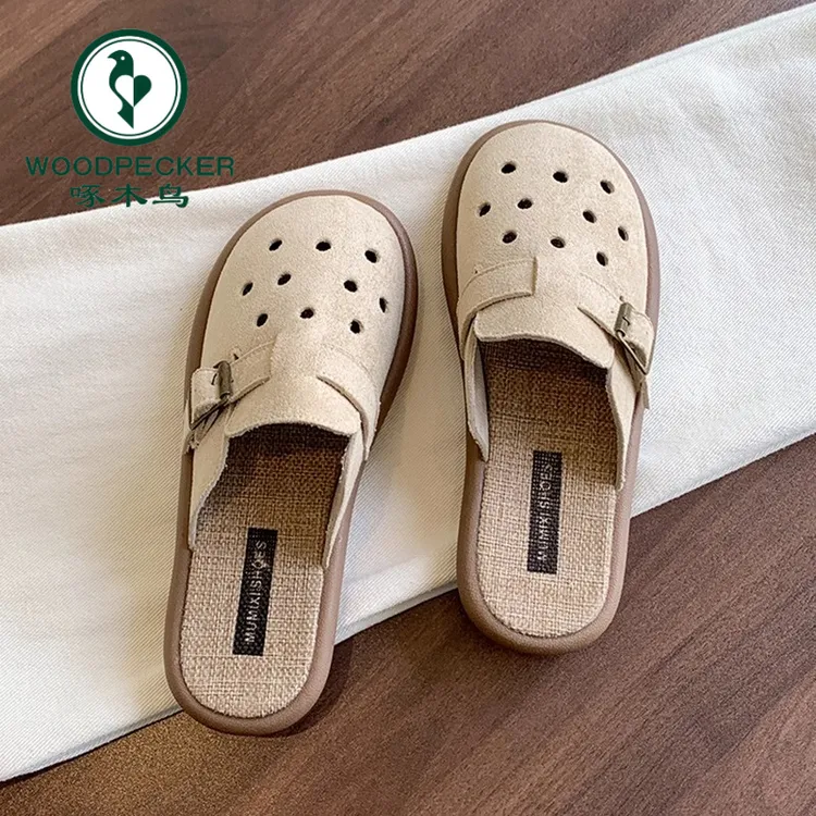 啄木鸟平底洞洞鞋包头半拖夏季外穿2025新款百搭凉拖一脚蹬懒人鞋