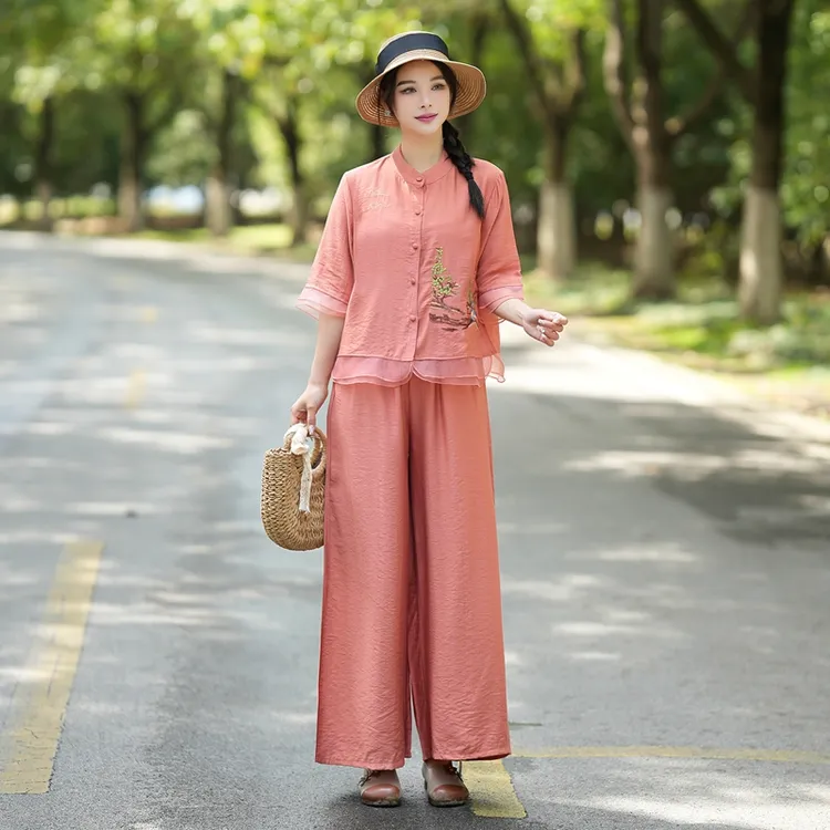 中老年妈妈中国风套装女夏季2025新款中袖宽松减龄显瘦阔腿两件套
