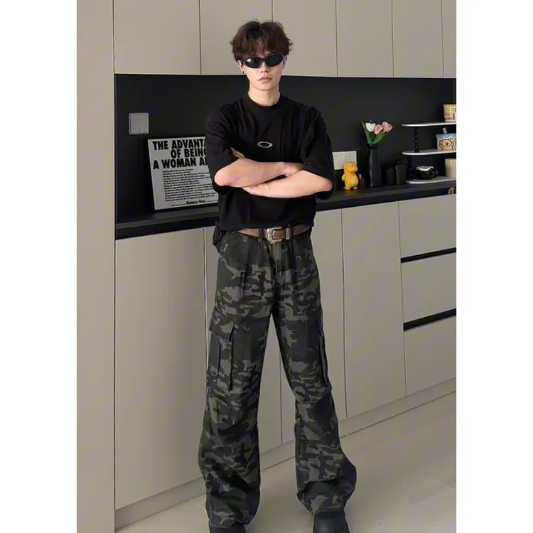 美式高街迷彩牛仔裤男夏季痞帅高级感微喇裤vibe潮流显腿长工装裤