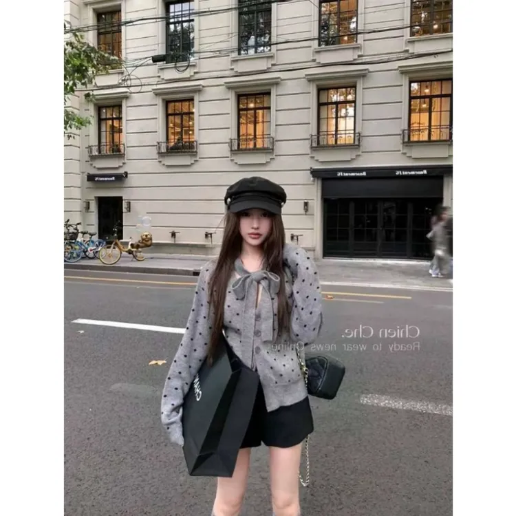 灰色波点蝴蝶结v领针织开衫女秋冬慵懒风宽松高级感长袖外套毛衣