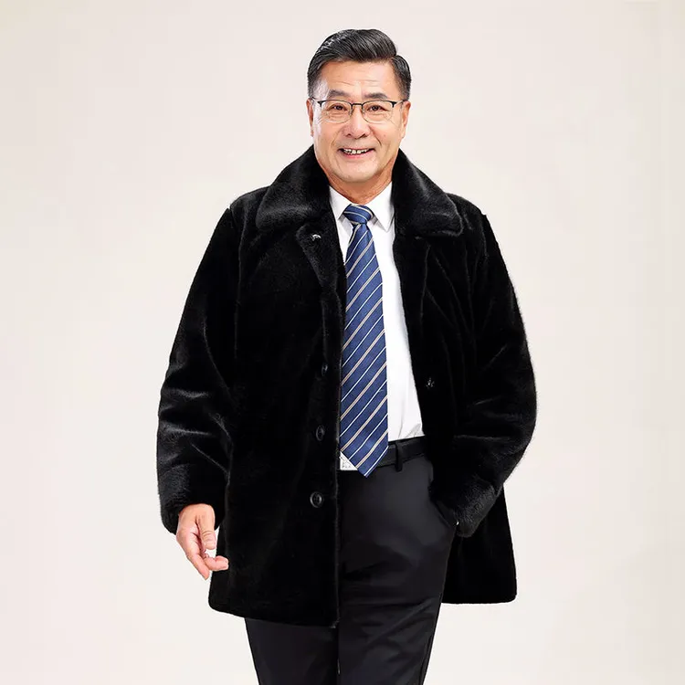 冬季新款老年貂皮大衣大码休闲中长款加厚翻领貂绒爸爸装宽松外套