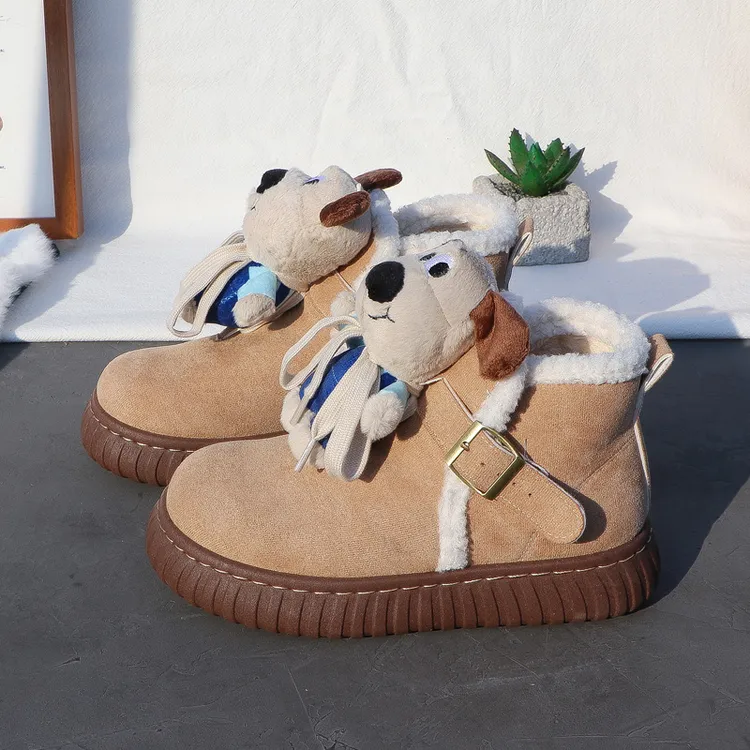 可爱卡通毛绒雪地靴女2025冬季保暖加绒百搭防滑学生休闲短靴棉鞋