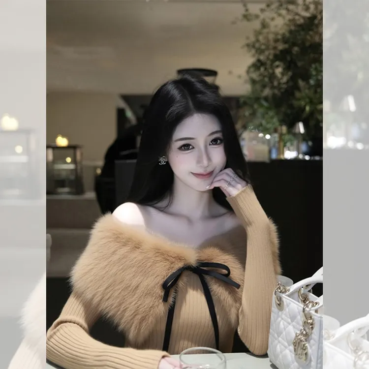 独特漂亮卡其色毛毛翻领小衫韩系秋冬女装洋气百搭打底针织衫上衣