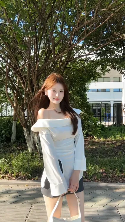 一字肩气质白色衬衫女夏季收腰开叉下摆设计感长袖上衣百搭半裙子