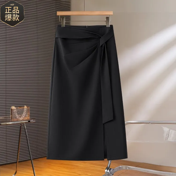 黑色a字半身裙女夏2025新款中长款西装裙垂坠感不规则开叉包臀裙