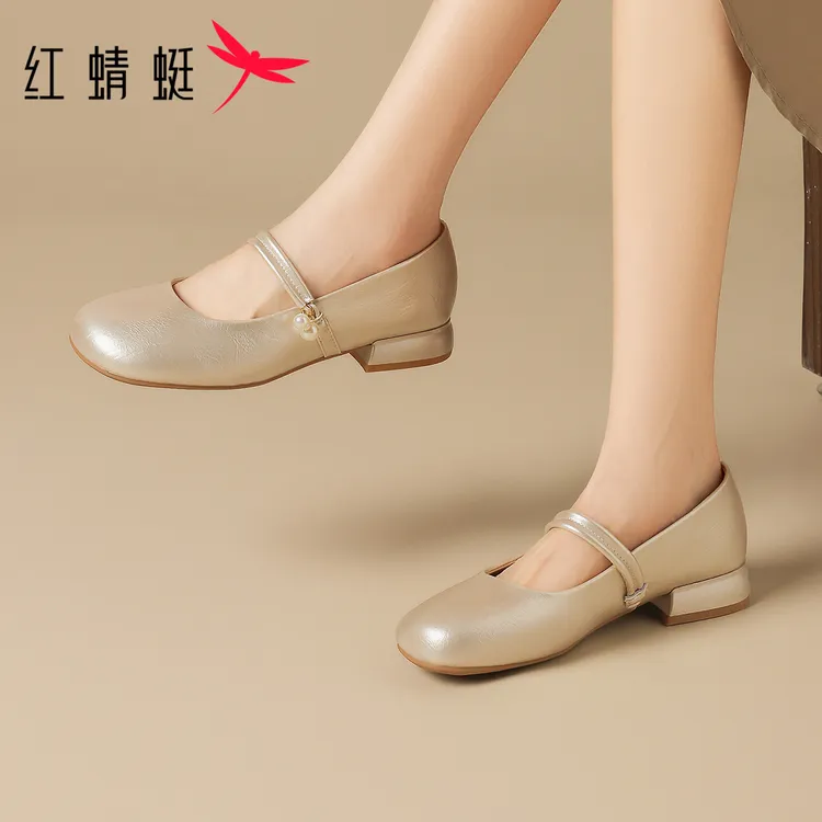 红蜓蜻浅口复古百搭配裙香槟金女2025新款法式晚晚玛丽珍透气女鞋