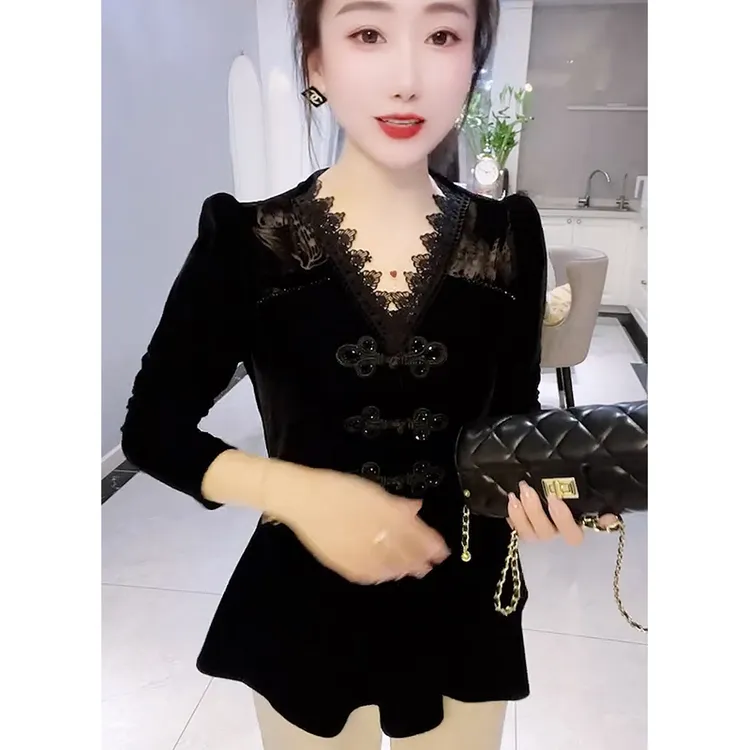秋季新款修身型蕾丝衫新中式V领中国风T恤修身洋气长袖黑色上衣女