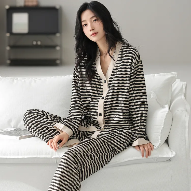2025新款秋冬季纯棉睡衣女长袖长裤薄款条纹全棉家居服套装可外穿