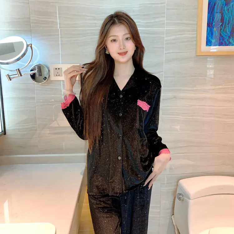 秋冬金钻绒拼接蕾丝小翻领亮闪闪家居服高级感黑色两件套