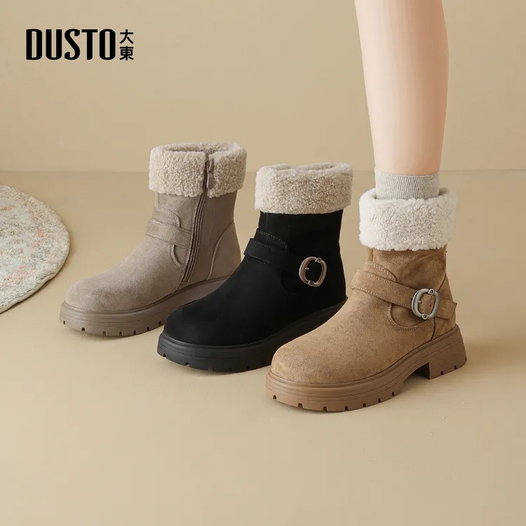 大东女鞋秋冬保暖民族风厚底圆头时尚防滑短筒时装靴加绒棉靴0601