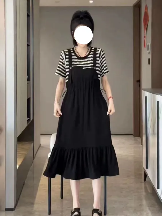 大码胖mm法式赫本风显瘦条纹拼接收腰显瘦假两件洋气小黑裙