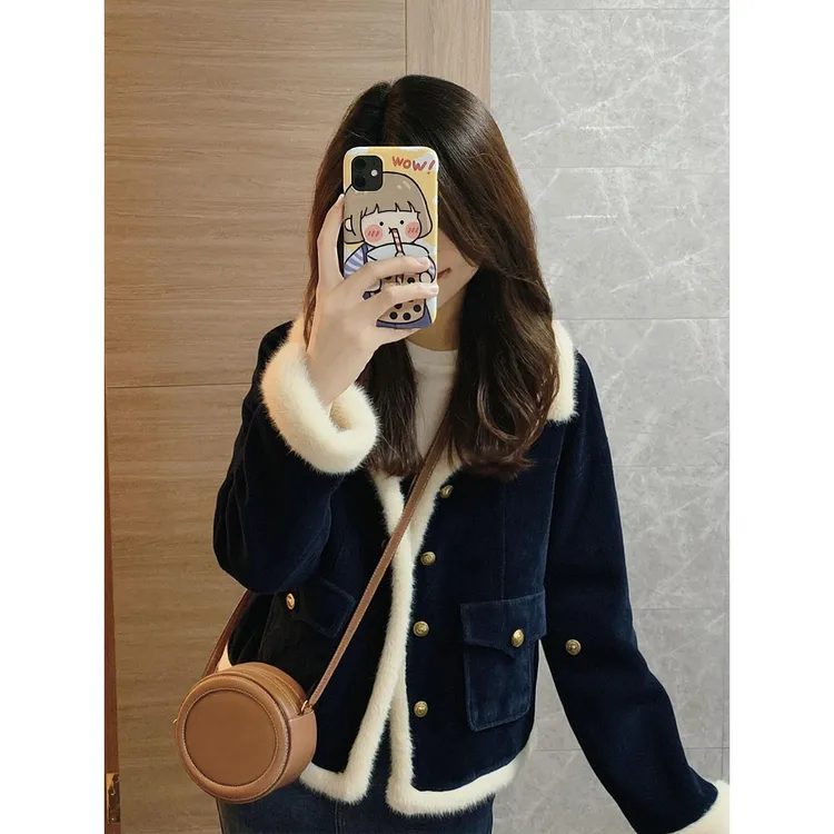 范哲萨2025新款爆款巨好看的初冬藏蓝色小香风加绒加厚羊羔绒外套