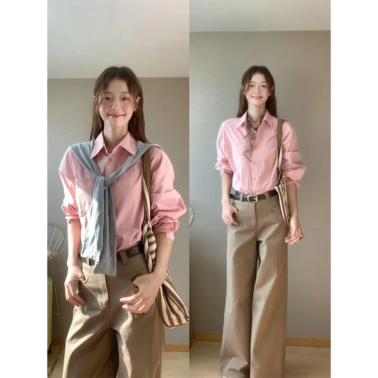 2025新款女士早秋季粉色刺绣条纹百搭长袖衬衫上衣宽松休闲阔腿裤